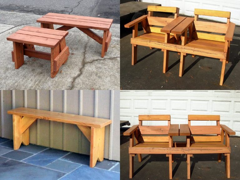Four views of three different Custom Outdoor Bench Designs Picnic Table Benches Farmhouse Benches and Park Benches.