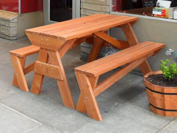 6' Commercial quality Custom Eco-friendly Outdoor Hybrid Bench Picnic Table on a restaurant bar sidewalk.