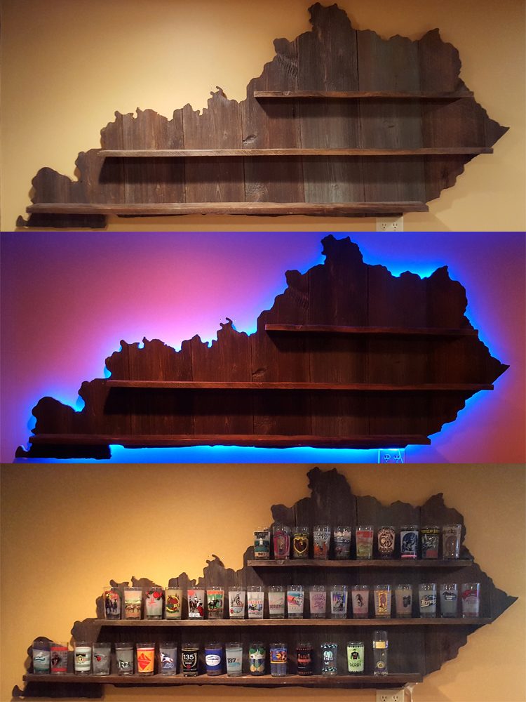 Three views of a Handcrafted Barnwood Kentucky Derby Glass Shelf with and without glasses and backlit blue.
