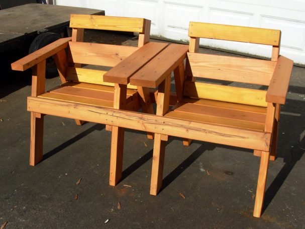 5' Commercial quality eco-friendly Outdoor Park Bench with a center table slanted to the left.