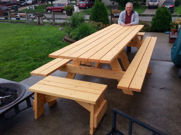 Large extra wide Commercial quality Custom Eco-friendly Outdoor Attached Bench Picnic Table with two benches on a patio.