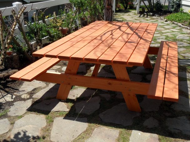 Extra wide Commercial quality Custom Eco-friendly Outdoor Attached Bench Picnic Table on a patio.