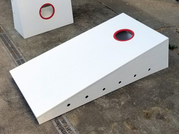 Side of a sturdy high quality solid box design Cornhole Board.