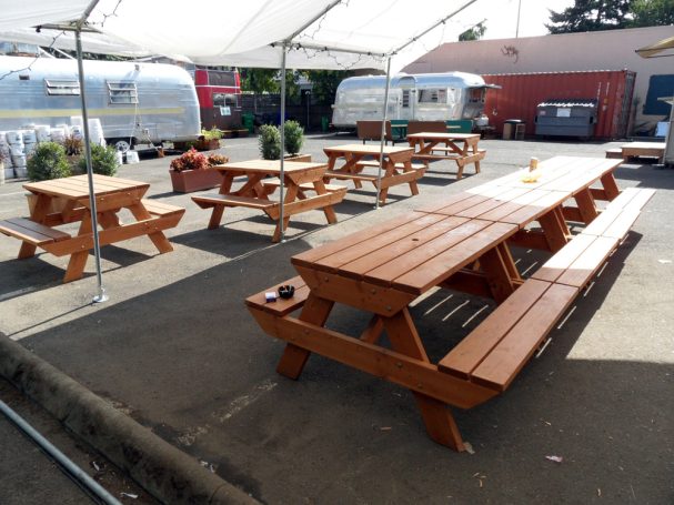 4' Commercial quality eco-friendly Outdoor Attached Bench Picnic Tables at a brewery restaurant.