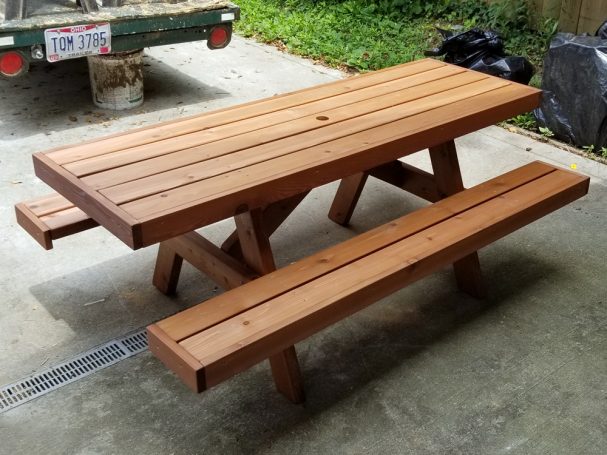 Aproned Commercial quality Custom Eco-friendly Outdoor Attached Bench Picnic Table on a patio.