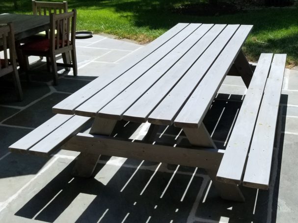 Large extra wide Commercial quality Custom Eco-friendly Outdoor Attached Bench Picnic Table on a patio.