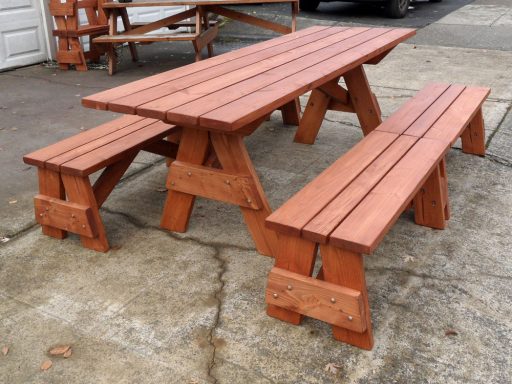 Cafe stain color option on a Large Commercial quality Custom Eco Outdoor Detached Bench Picnic Table with four benches.