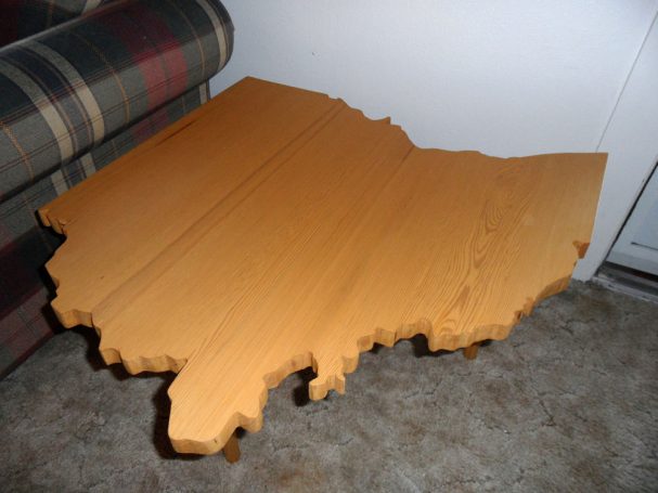 Luxury Handcrafted Douglas Fir Ohio Shaped End Table slanted slightly to the left.