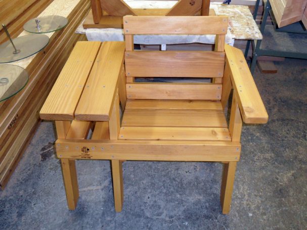 Front view of a Commercial quality eco-friendly Outdoor Park Bench chair with a side table.