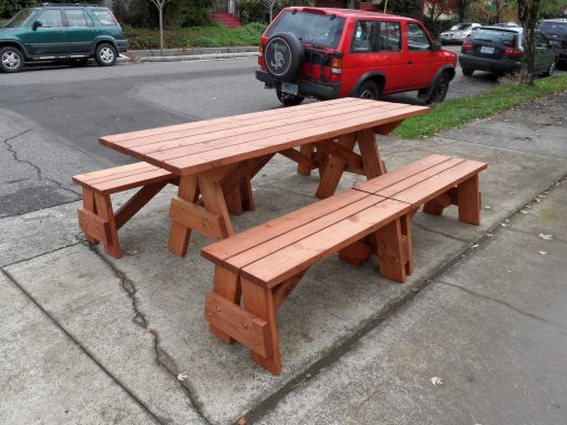Cafe stain color option on a Large Commercial quality Custom Eco Outdoor Detached Bench Picnic Table with four benches.
