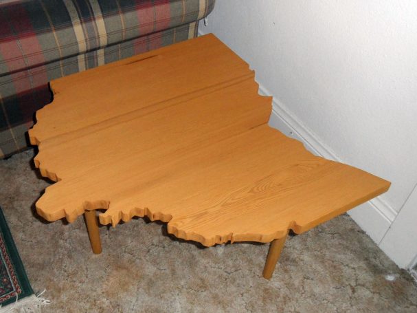 Luxury Handcrafted Douglas Fir Ohio Shaped End Table slanted to the left.