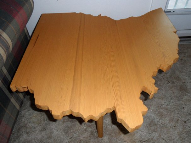 Close up of a luxury Handcrafted Douglas Fir Ohio Shaped End Table.